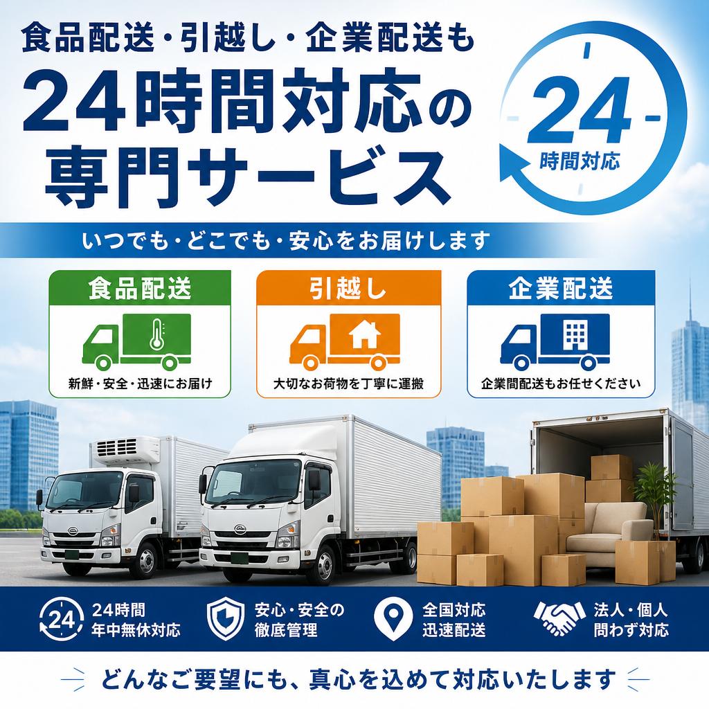 食品配送、引越し、企業配送も24時間対応の専門サービス